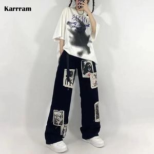 Jeans Karrram Grunge Punk Patchwork Black Jeans Women Hip Hop Streetwear Print Overlaze Wide Leg Trousers 90s Vintage Fashion Pants