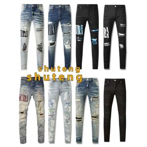 Lila jeans för herr designer jeans mens jeans antiaging smal fit casual jeans hål ljus mörkgrå mens byxor street denim tight montering 7449