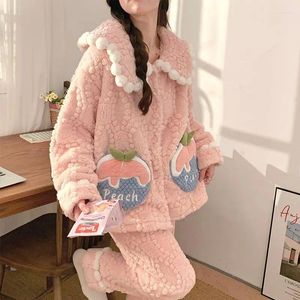 Женская одежда для сна персикового цвета, женские пижамные комплекты из флиса, милый корейский костюм, зимний Piiama, комплект из 2 предметов, пижамы для сна с оборками, ночная одежда