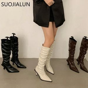 ブーツsuojialun women long bootshoesファッションプリーツレディースエレガントな長いブーツシュー