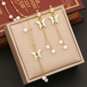 New Arrival Gold Plated Stainless Steel Pearl Necklace Tassel Butterfly Drop Earrings Jewelry Set for Women