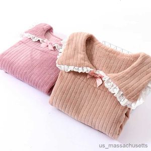 Pajamas New Flannel Teenager Girls Nightdress Winter Warm Girls Lace Bow Princess Pyjamas Children's Pajama Sets Fashion Baby Home Wear