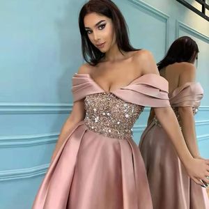 V-Neck Classic Evening Gowns For Women Off-Shoulder Satin Charming Tea-Length Sequins Crystal Backless