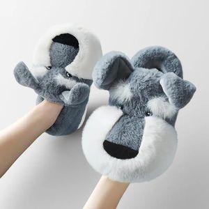 Chinelos Bonito Fofo Schnauzer Chinelos Mulheres 3D Animal Home Fur Loafer Unissex Mules Sapatos Interior Chinelos Família Combinando Sapatos 231219