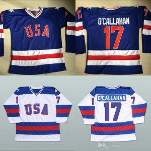 Hokey #17 Jack O'Callahan 1980 Buz Hokey Jersey Mins Mucize% 100 Dikişli Nakış Logoları Takım ABD Hokey Formaları Blue White 83