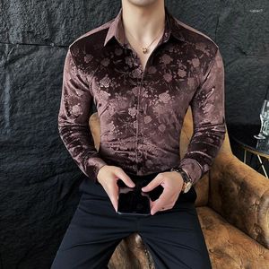 Mäns casual skjortor skjorta sammet högkvalitativ koreansk lyxkläder mode tryck elegant för män smala fit prom tuxedo 4xl-m