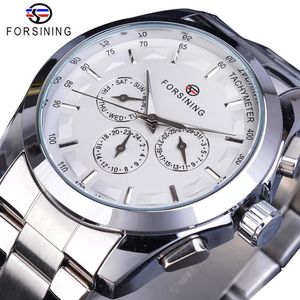 Forsining Relógio Mecânico Masculino Prata Branco 3 Sub Dial Mãos Luminosas Data Banda de Aço Inoxidável Homem Negócios Esporte Montre Homme2502