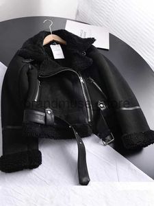 Women's Fur Faux Fur Winter Vintage Suede Lamb Short Jacket Women Thick Warm Moto Bike Black Coat Female Sashes Faux Leather Jacket Outwear with Belt J231219