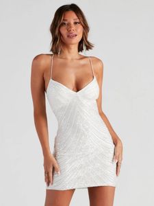 Freizeitkleider 2023 Damen Weißes kurzes glitzerndes Ballkleid mit Pailletten, Spaghetti-V-Ausschnitt, ärmellos, Kleid für besondere Anlässe, rückenfrei, sexy Partykleid