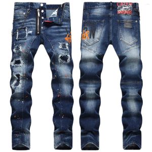 Men's Jeans European And American Fashion Brand 2023 Spring Hole Patch Color Messy Line Print Small Straight Leg Mid Rise For Men