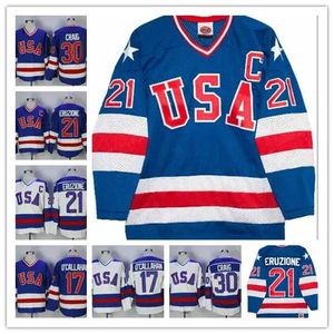 1980 Buz USA Mucizesi 30 Jim Craig Jersey 17 Jack O'Callahan 21 Mike Eruzione Mavi Beyaz Hokey Formaları En İyi Dikiş 56