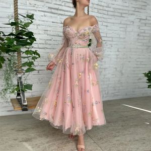 Illusion Long Sleeve Luxury Celebrity Gown Evening Dress Ankle-Length Sashes Fairytale Applique Tulle Mordern Strapless