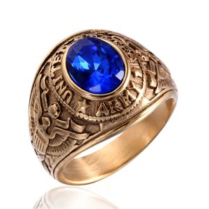 Bandringe US Army Ring Golden United States American Edelstahl Metall Militärschmuck mit blauem Zirkon Stein Punk Classic Style 231218