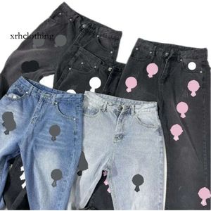 purple jeans Men's Pants Mens Jeans Designer Make Old Washed Chrome Straight Trousers Heart Prints Women Men Long Style