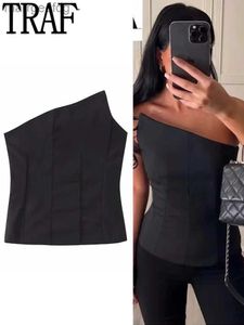 Kvinnors blusar Skjortor Traf 2023 Black Corset Top Woman Asymmetric Off Shoulder Tops For Women Red Backless Bustier Top Woman Party Night Sexy Tops YQ231219