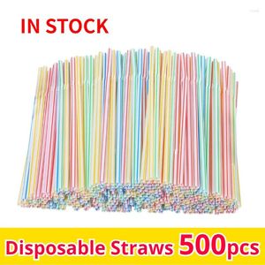 Disposable Cups Straws 500 Pcs Plastic Drinking Multi-colored Striped Bendable Elbow Party Event Alike Supplies Color Random