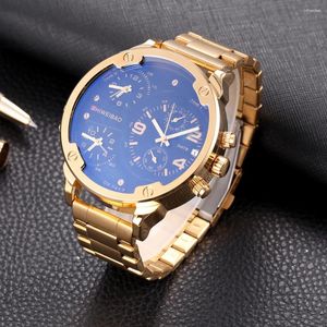 ساعة Wristwatches Chronograph Watches Men Top Brand Gold Steel Strip Quartz Sport Clock متعددة الزمن مناطق العمل مع Wristwatch Relogio Maschulino