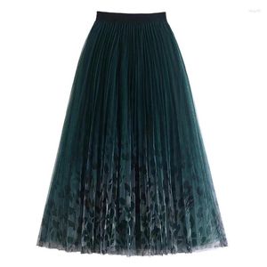 Gonne Elegante gonna lunga in tulle sfumato per le donne Stampa leopardata vintage Una linea a vita alta pieghettata Midi Mesh femminile Z457