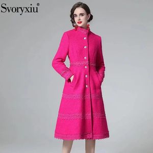 Blends Svoryxiu Fashion Woman Winter Fuchsia Cyan KneeLength Overcoat Coat ONeck Lace Single Breasted Straight Solid Long Overcoat