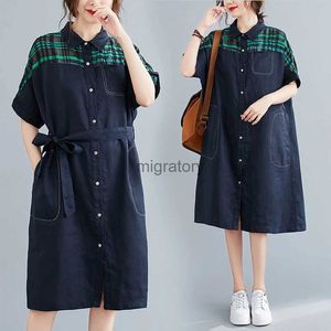 Women's Blouses Shirts Woman Casual Green Plaid Dresses Kaftan Elegant Lace Pocket Losse Plus Size Linen 2022 Summer Collar Shirt Dress Vestido YQ231219