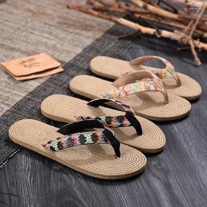 Slippers 2023 Beach Imitation Straw Women Flip Flops Female Summer Fashion Wear Flat Non-slip Rainbow Sandals And
