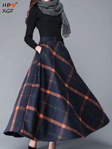 Kjolar elegant tweed plus size pläd lång för kvinnor höst vinter elastisk hög midja en linjekjol avslappnad lös streetwear 231219