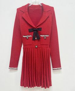 Casual Dresses 2023 Autumn Arrive Red Color Knitted Spliced Women Mini Dress Lapel V Neck Full Sleeve Pleated Hem Short Wirh Bow