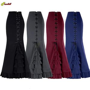 Skirts Women's Skirt Gothic Vintage Victorian Steampunk Lace-Up Tiered Ruffled Fishtail Skirt Mermaid Long Dresses Medieval Costumes 231218