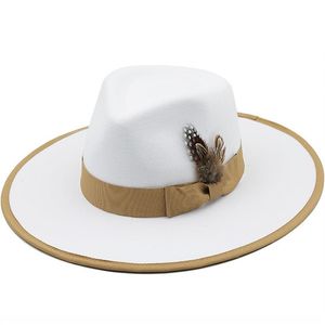 Feathers Fedoras White Fall Affastor Hat for Women Fashion Flat Brim Lady Church Hats Party Felted Jazz Cap Chapeu Feminino2047