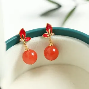 Stud Earrings Butterfly Natural South Red Agate Women's Sterling Silver Chinese Style Retro Eardrops