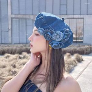 Berets Flower Contrasting Colors Denim Camellia Painter Caps Trendy Fluffy Color Designer Vintage Elegance Cotton Beret Hats