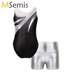 Bühnenkleidung für Kinder, Mädchen, ärmellos, Strass-Ballett-Tanz-Trikot mit metallischen Shorts, Outfits für Sport, Gymnastik, Workout, Overall