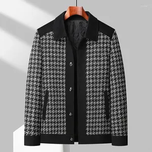 Herrjackor Autumn Winter Men Houndstooth Cashmere Jacket svart grå klassisk förtjockad quiltad ullblandning päls manliga kläder tidlösa