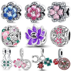 Lösa ädelstenar 925 Silver Färgglada blommor Charms Pärlor Pave Clover Sunflower Daisy Dangle Fit Armband Halsband DIY