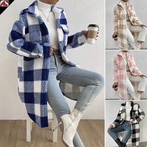 Women s Jacket Turn Down Collar Long Sleeve Plaid Button Cardigan Coats Oversized Female Fleece Overcoats FYY 90093 231219