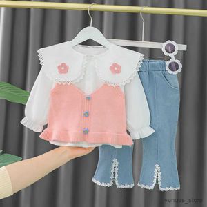 Mädchenkleider 3pcs Kinder Kinder Kleinkind Mädchen Frühlingskleid neue kleine Blume Hosentender Set Mädchen Baby Herbst Child süßes Mädchen dreiteils Set