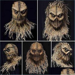 Masker Party Masks Halloween Scarecrow Head er med handskar och hattdräkt huvudbonader för Masquerade Party Cosplay Scary Mask Drop Delivery