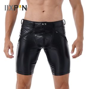 Herrenhose Schwarz Männer Latex Wetlook Sexy Weiches Leder Mitte Voller Reißverschluss Workout Gym Fitness Shorts Mode Punk Party Clubwear 231218