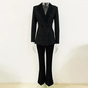 Women's Two Piece Pants Lady Formal Workwear 2Pcs Fine Workmanship Stylish Fix Rhinestone Single Button Blazer Flared Solid Suit