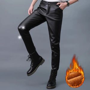 Men's Pants 2216 Winter Faux Leather Men Warm Thick Pencil Plus Size 40 Black Skinny Elastic PU Trousers Male Fleece 231218