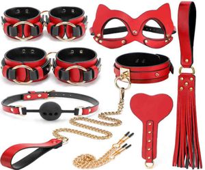 Black Wolf Red Gehobenes Echtleder-Fesseln Cosplay-Bondage-Set SM-Handschellenknebel Peitsche Nippelklemmen Spiele für Erwachsene7560046