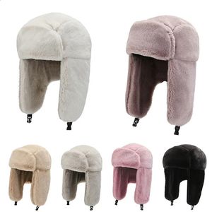 Trapper Hüte Mode Frauen Winter Warm Faux Pelz Bomber Schwarz Weiß Einfarbig Verdicken Earflap Caps Herbst Ohr Schützen Ski hut 231219