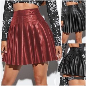 Skirts Spring Autumn Women Black Faux Leather High Waist Club Pleated A Line Solid Color Mini Short Skirtsskirts Drop Delivery Apparel Otpcd