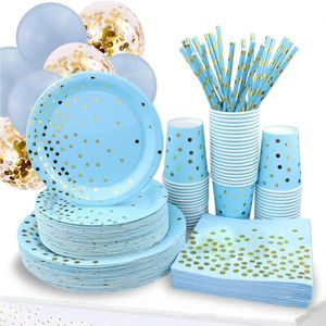 Blue Gold Dot Party Supplies Disponible Middag Pappersplatta servetten Cup -bordduk för födelsedagsbröllopsfest dekoration 231220