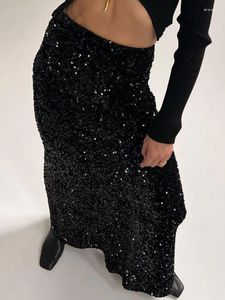 Skirts Spring Summer Chic Lady Black Sequin Skirt Streetwear All Match Women Solid Long Casual Holiday Glitter 2024 Vestido