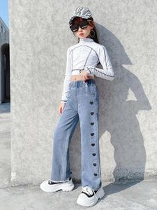 Dżinsy dżinsy duże rozmiar miłosne serce drukowanie dziewcząt jesień moda prosta w stylu szerokie nogi dla dzieci 312 lat odzieży dla dzieci