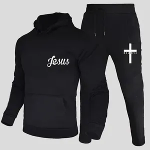 Herrspårsperioder senaste Jesus tryckt spårdräkt vår och höst sportkläder casual fasta färg huva hoodies byxor man design sport kit