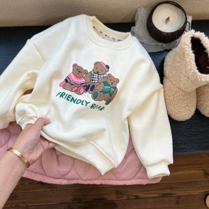 Autumn Winter Kids Cartoon Bear Fleece Sweatshirt Boy Children Plus Velvet Thick Casual Tops Girl Baby Letter Cotton Sweatshirts 231220