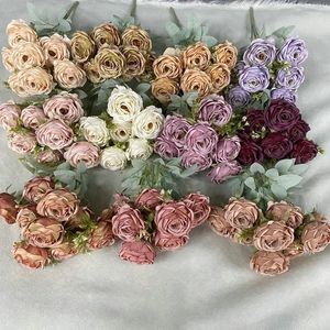 Decorative Flowers Simulation Flower Gold Silk Roses Bouquet Home Living Room Sofa Background Decoration Artificial Rose Fake Champagne