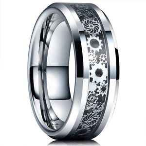 Vintage Silver Color Gear Wheel Stainless Steel Men Rings Celtic Dragon Black Carbon Fiber Inlay Ring Mens Wedding Band209a